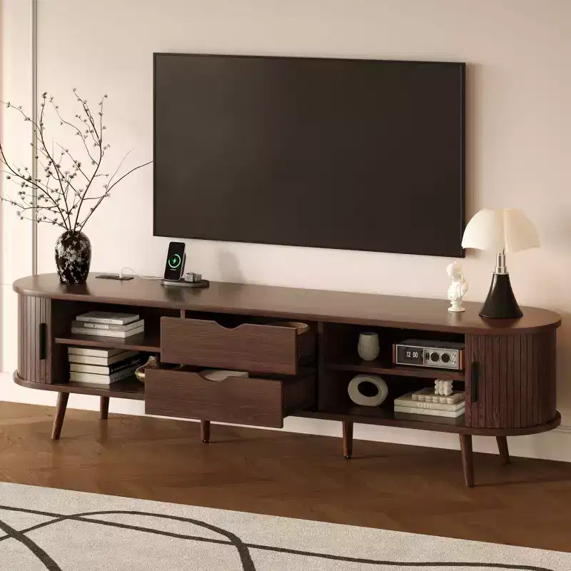 GDFStudio Edwin 70 Mid Century Modern TV Stand with Tambour Door and Power Outlet