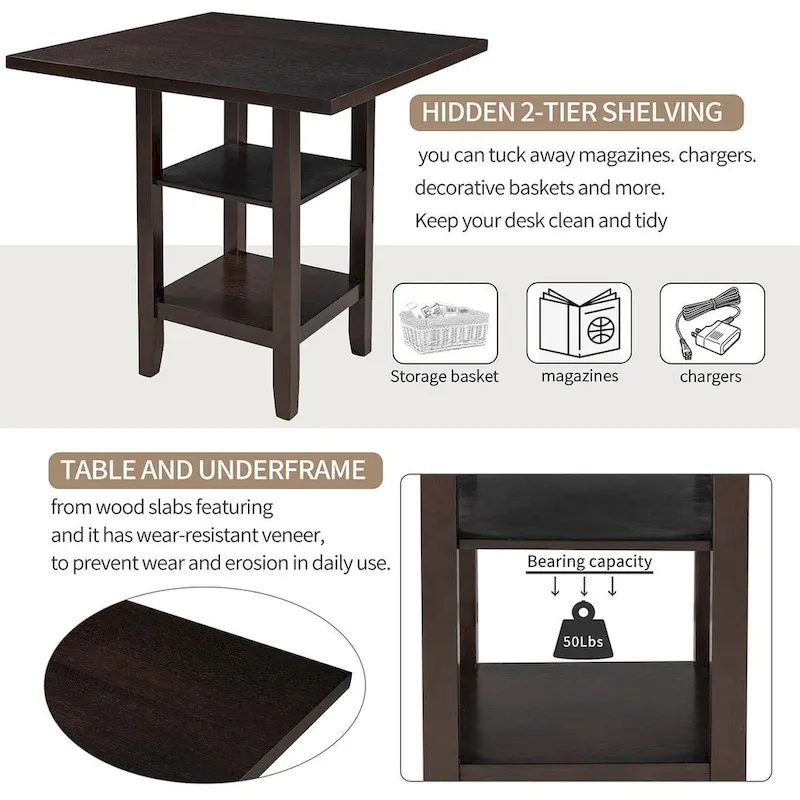 5 Piece Counter Height Square Dining Table Set with 4 Chairs