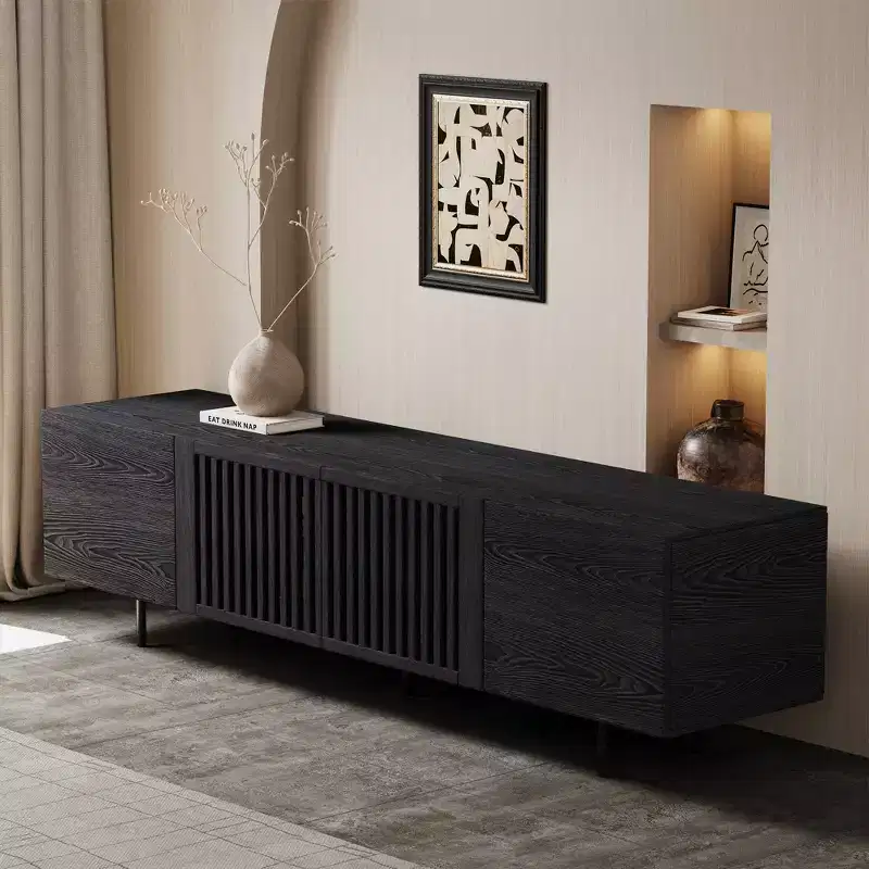 Luck Live Mid-Century Modern Black TV Stand with Adjustable Shelves, Soft-Close Hinges & Cable Management, 70.87 Media Console for Living Room