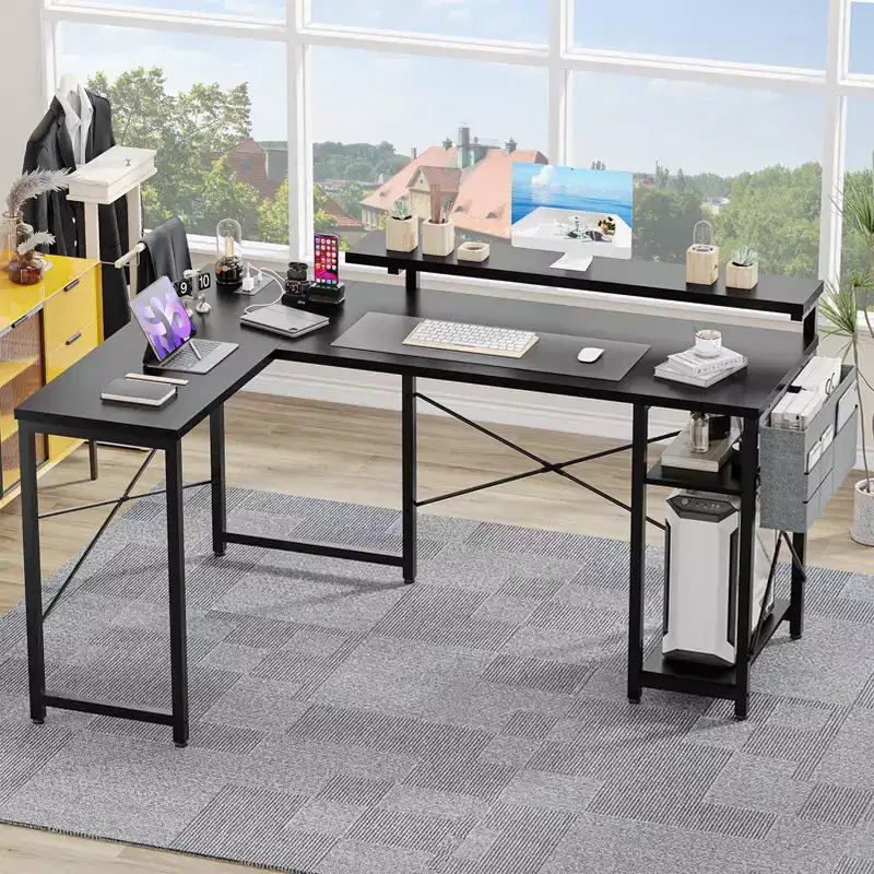 MDF Reversible L-Shaped Corner Desk with Monitor Stand, LED Lights, and Power Outlets 54