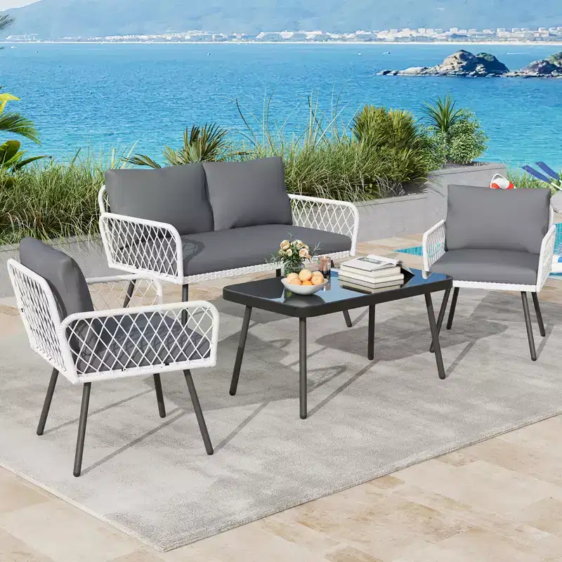 4-Piece Wicker Outdoor Furniture Set,Patio Sectional Sofa with Handmade Rattan and Metal Frame,with Coffee Table for Backyard,Garden and Poolside