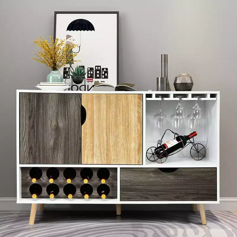 Mid-Century Buffet Sideboard Wooden Storage Cabinet with Wine Rack & Glass Holder