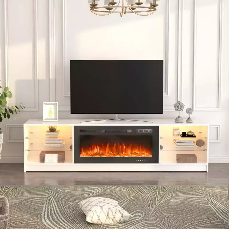 Erommy Fireplace TV Stand with 40 Electric Fireplace, Entertainment Center with Adjustable Glass Shelves, TV Console for TVs up to 79