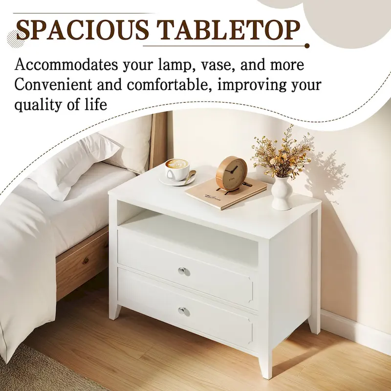 Modern Wide Nightstand with 2 Drawers and Open Storage, Bedroom Bedside Table with Solid Wood Legs