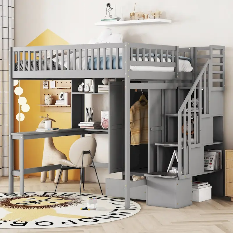 Full Pine Loft Bed with Desk and Storage