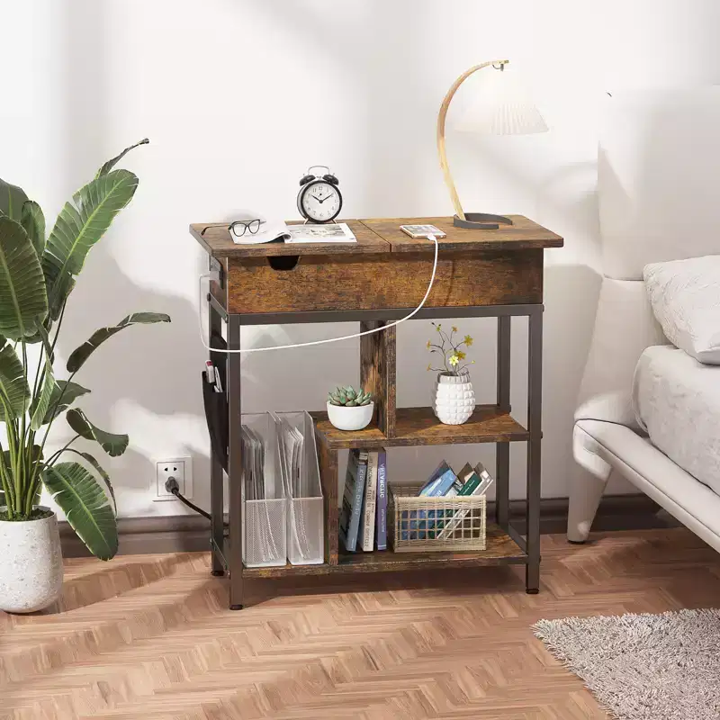 End Table with Storage Shelf, Storage Bag, USB Ports and Outlets for Bedroom Small Spaces