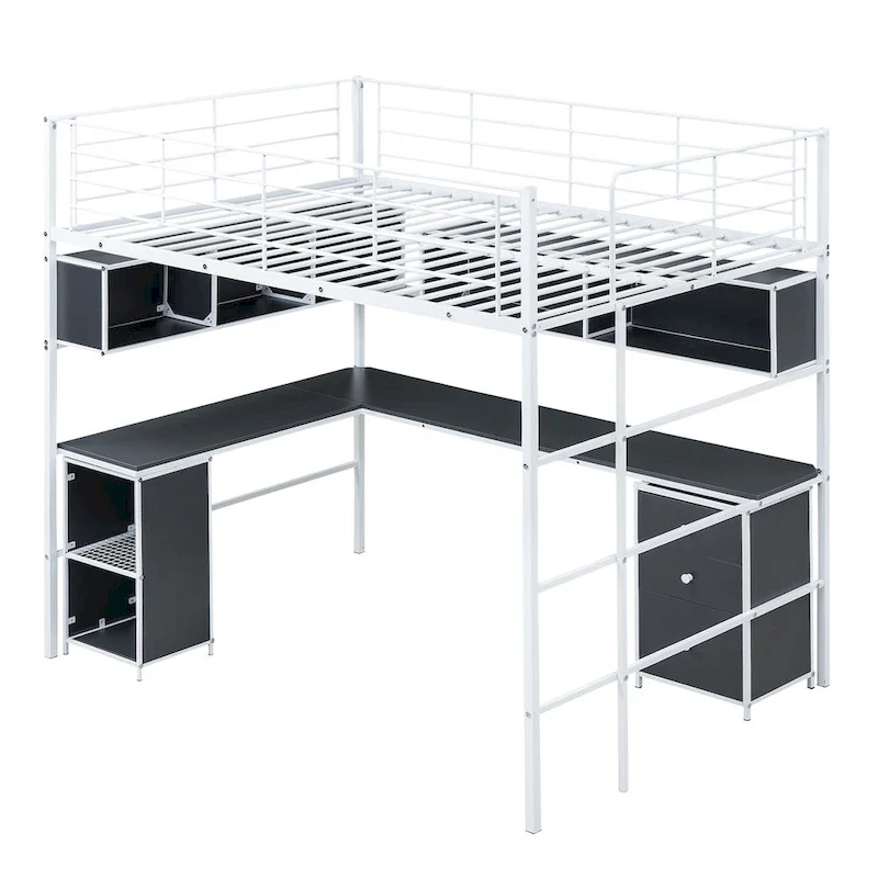 Metal Loft Bed with Bookcase, Desk and Cabinet