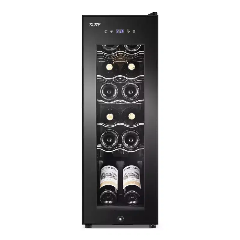 Denjol 10.7 in. Wine Cooler 12 Bottle Freestanding Wine Refrigerator with Door Lock, Black