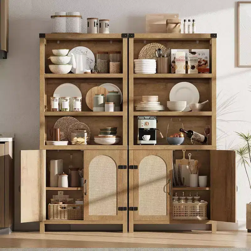 Acekool 3-Tier Bookshelf with Cabinet, Adjustable Shelves and Rattan Doors, 69 Farmhouse Vertical Bookcase, Two Sets