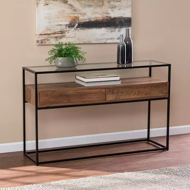 Olivern Glass-Top Console Table with Storage - Brown - SEI
