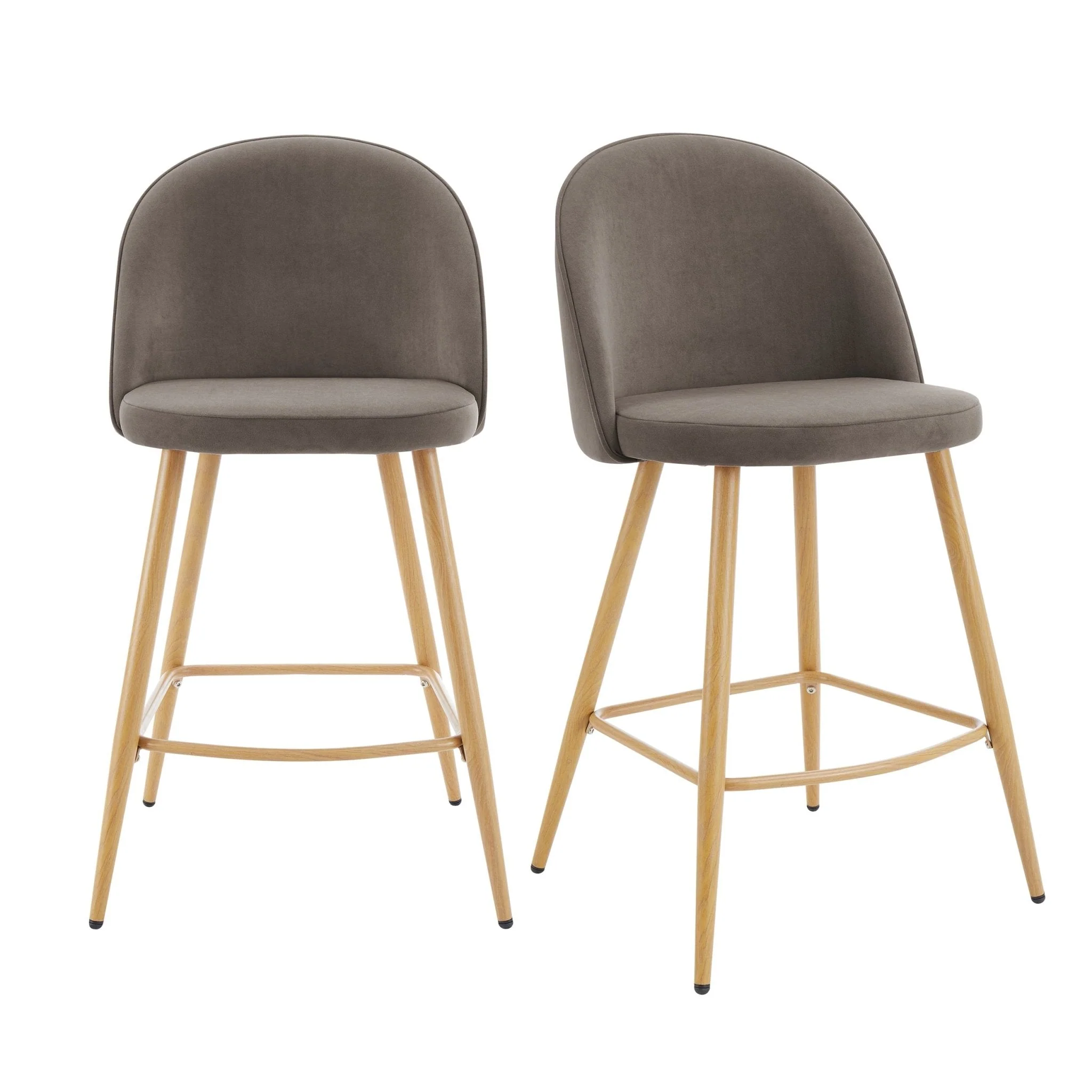 Modern Taupe Velvet Barstool with Natural Wood Legs for Kitchen