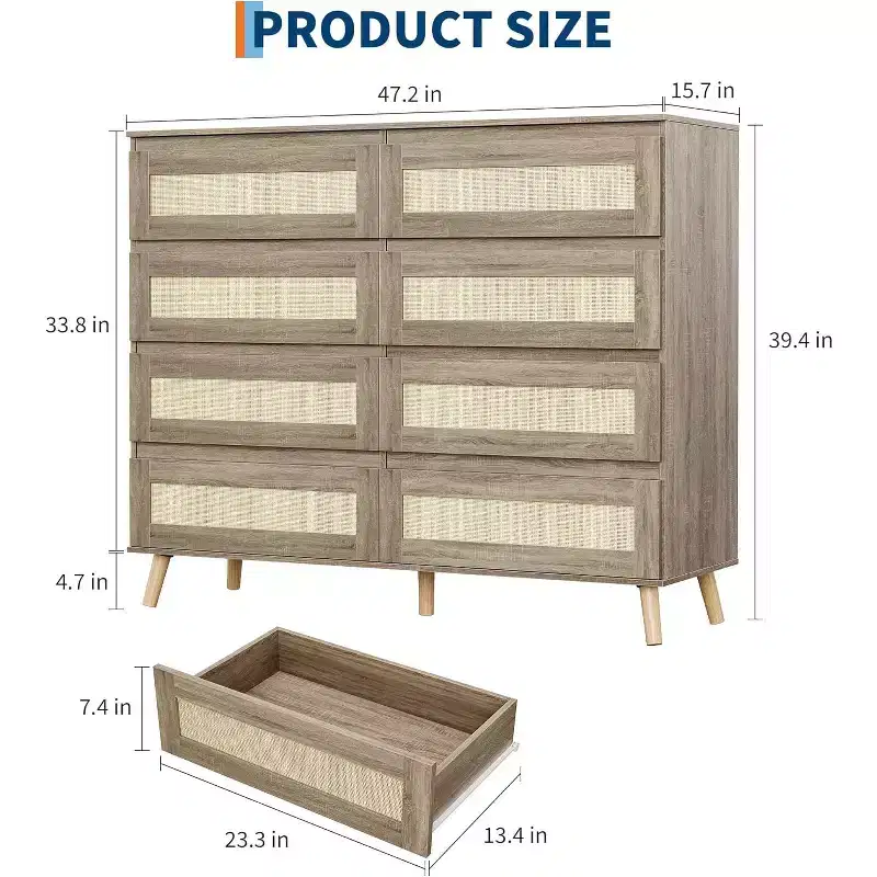 Rattan Dresser for Bedroom with 8 Drawers, 47.2 in Wide Chest of Drawers, Modern Wooden Double Dresser TV Stand with Wood Legs for Hallway, Entryway