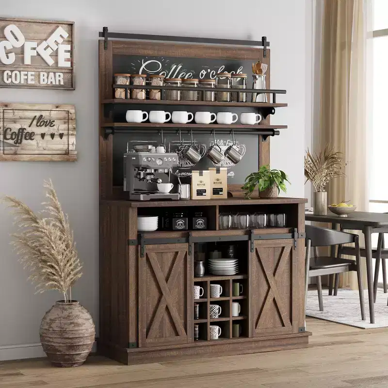 Bar Cabinet with storage space ,Tall Coffee Hutch,Large Kitchens Coffee Bar Cabinet Cupboard with Sliding Door