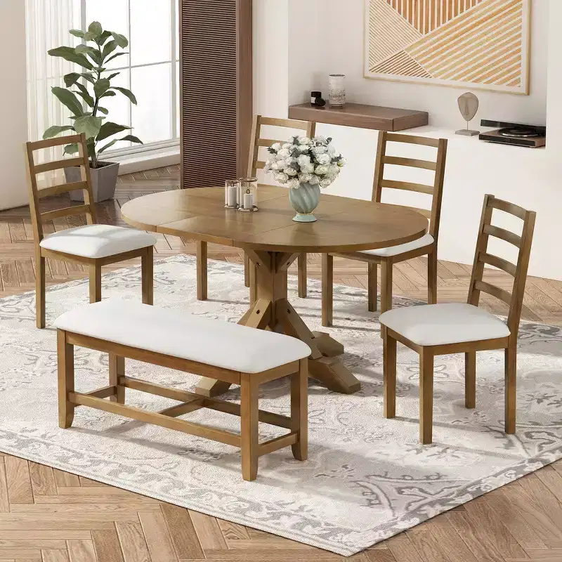 Whisen Farmhouse 6-Piece Dining Table Set, Kitchen Dining Sets with Extendable Dining Table, 1 Bench and 4 Ladder Back Dining Chairs