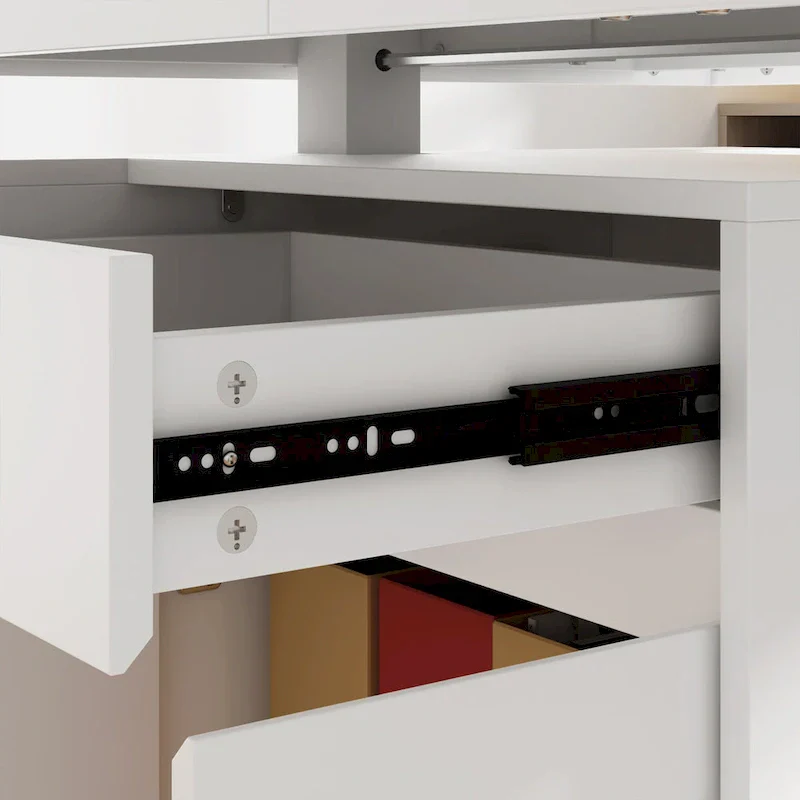 White Height-Adjustable Desk with Side Cabinet, 70.9