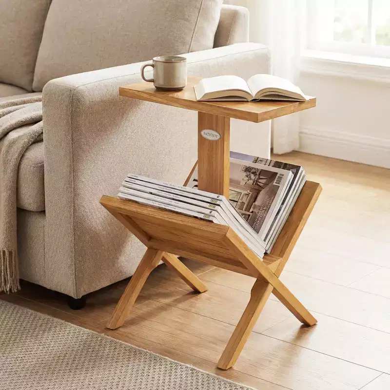 Costway 2-Tier Bookshelf Small Bookcase w/ Teak Wood Frame & Anti-Slip Foot Mats