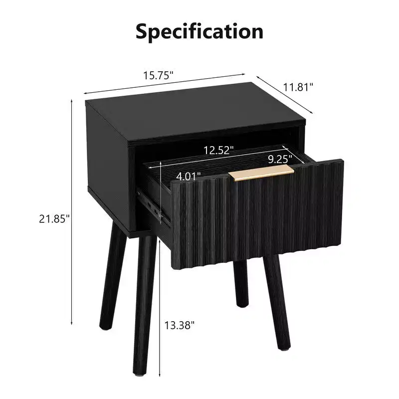 Karl Home 15.7In. Black Relief Nightstand, Particleboard & MDF, Melamine & Vacuum Forming, 1 Drawer, High Leg (2 Pcs)