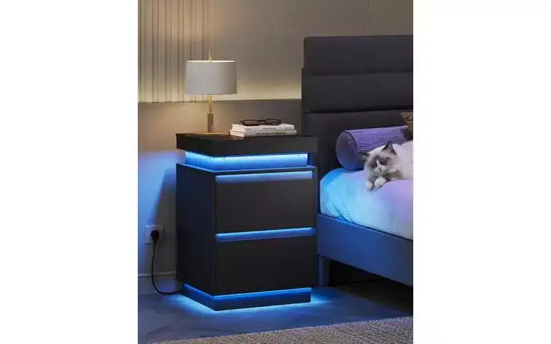 LED Light Nightstand with Charging Station, 2 Wooden Drawers & Sliding Top