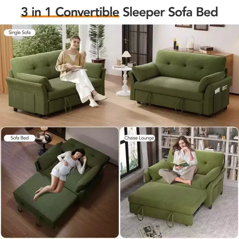 51 Inch 3-in-1 Pull-Out Sleeper Sofa Bed, Convertible Loveseat with Reclining Adjustable Backrest, Chenille Upholstered Couch, Side Pocket
