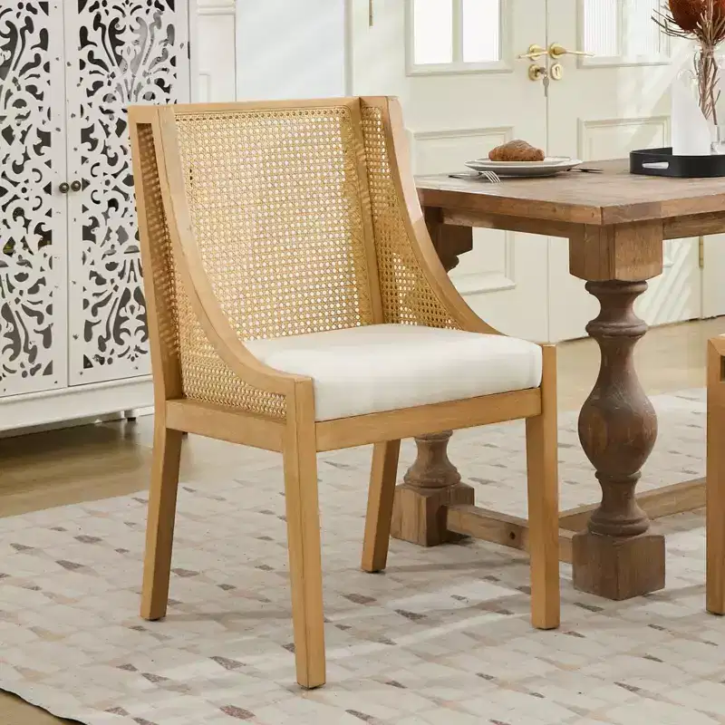 Rattan Dining Chair, Solid Wood Frame, Decorative Armrests, Linen Seat, Rustic Style, Natural Finish, Single Pack
