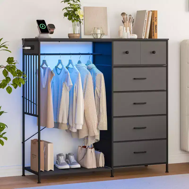 6-Drawer Dresser with Hanging Rack, Charging Station, LED Lights & Shoe Rack, 49.2