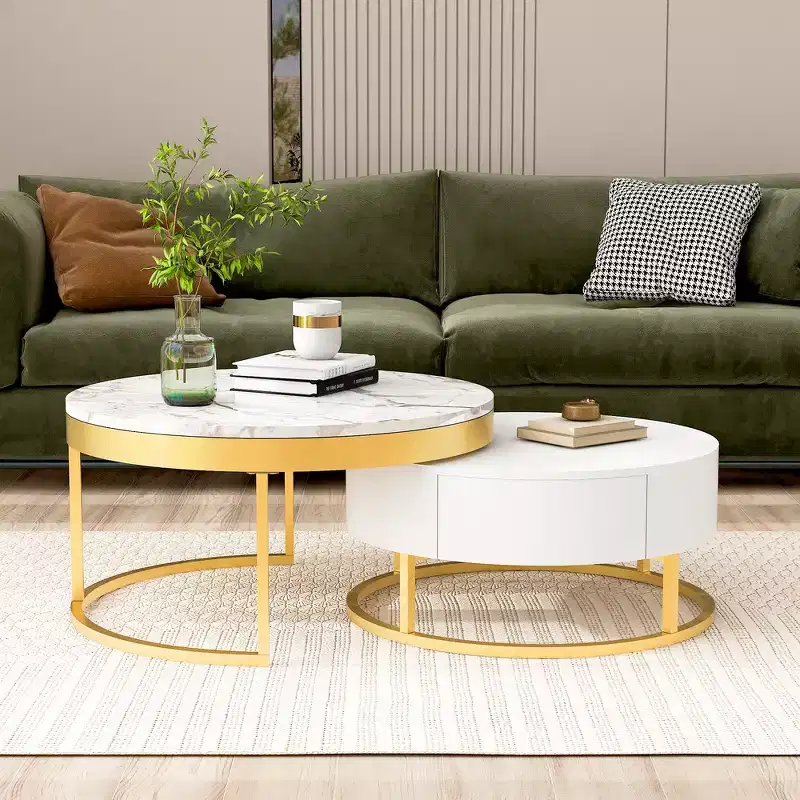 Modern Round Nesting Coffee Table with 2 Drawers - Golden & White