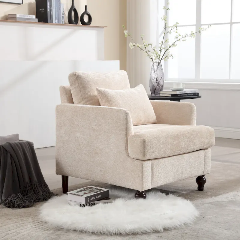 Beige 29.53 Chenille Upholstered Arm Chair with Solid Wood Frame and Cushions