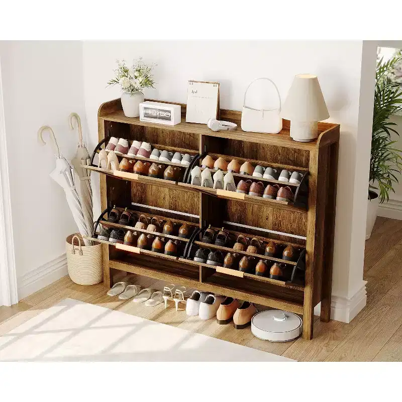 47 Farmhouse Rattan Shoe Cabinet,Boho Entryway Organizer with 4 Flip-Drawers, Adjustable Shelves & Hidden Handles,Freestanding Narrow Shoe Rack