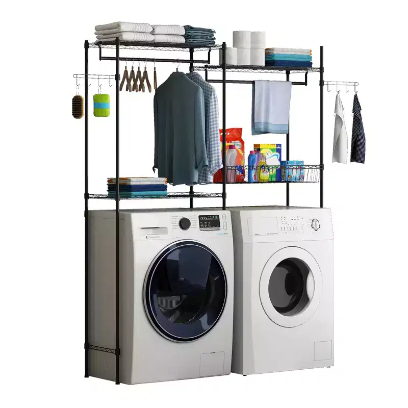 57.4 Over Washer and Dryer Laundry Shelf with Adjustable Towel Racks, Hamper & Hooks, Space-Saving Organization for Laundry Room