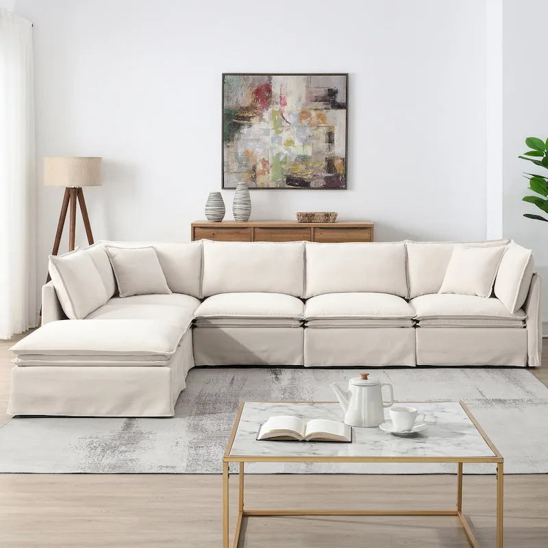 L Shaped Modular Sectional Chenille Sofa with Movable Ottoman