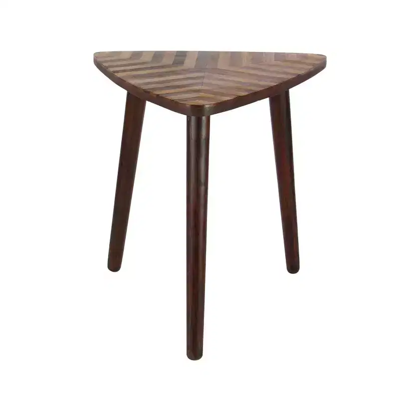 Modern mango wood side table, dark brown, compact, with flared legs, suitable for indoor use.