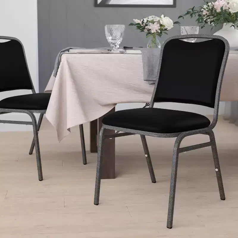 Stacking Banquet Chair in Black Vinyl - Silver Vein Frame