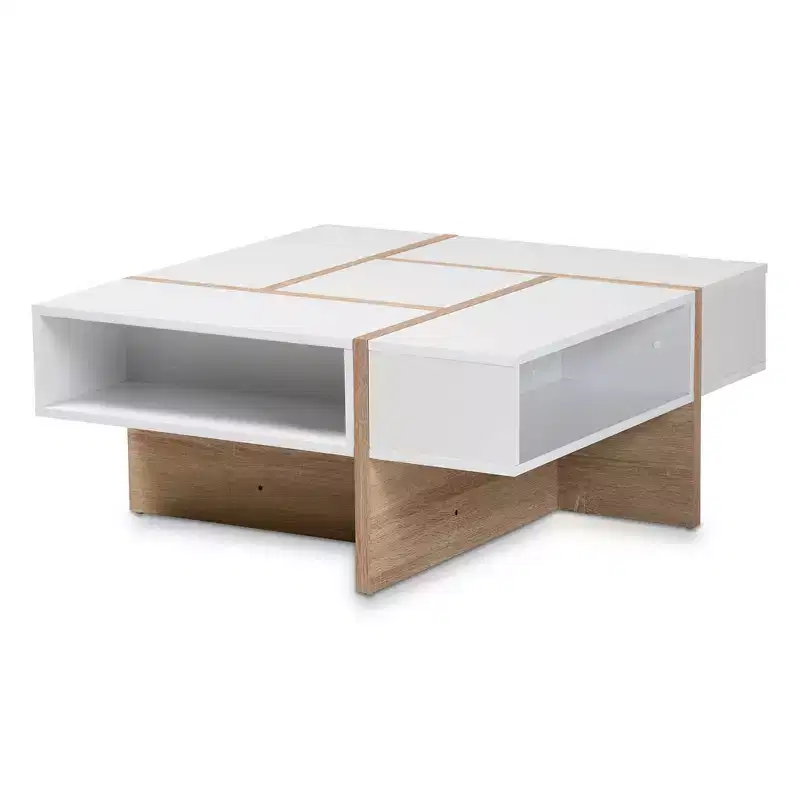 Rasa Wood Coffee Table White/Oak - Baxton Studio: Modern Living Room Furniture, Geometric Design, Open Storage Shelves