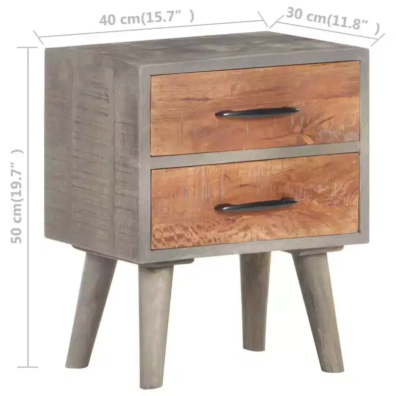 Solid Mango Wood Bedside Cabinet with 2 Drawers 15.7''W x 19.7''H Gray