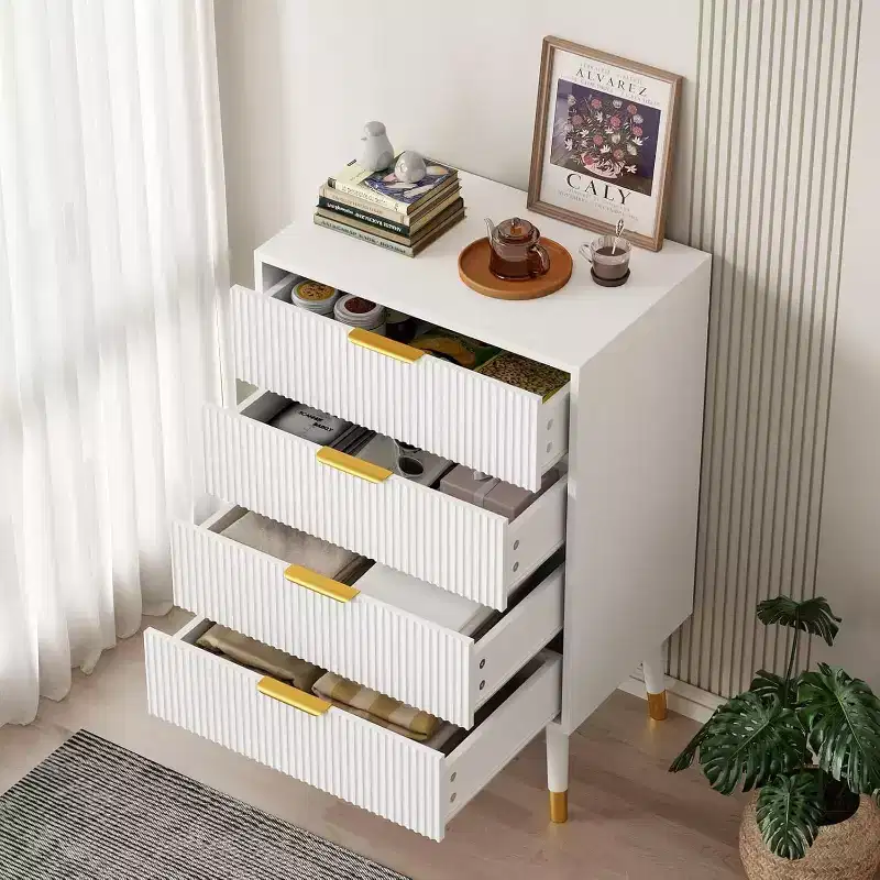 4-Drawer Fluted Dresser with Gold Handles & Metal Legs, Modern Bedroom Chest, Black/White
