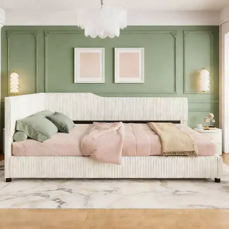 Luxystar Modern Full Size L-Shaped Corduroy Upholstered Daybed for Living Room or Guest Room