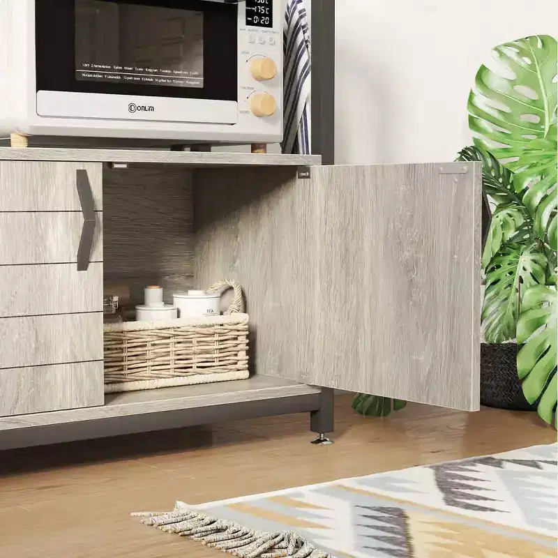 Height-Adjustable Microwave Stand Baker's Rack with Cabinet, Hooks & Wheels, Kitchen Storage