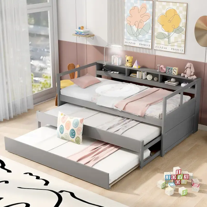 Wood Daybed with 2 Trundles, 3 Storage Cubbies, 1 Light for Free and USB Charging Design
