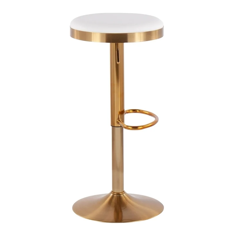 Set of 2 Counter Bar Stools | Gold Steel Frame | White Faux Leather | Adjustable Height