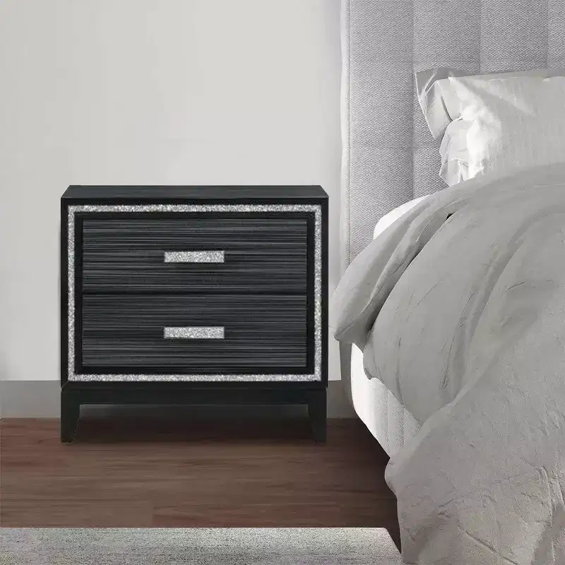 Nightstand with 2 Drawers and Shimmery Silver Trim, Black, Contemporary Style