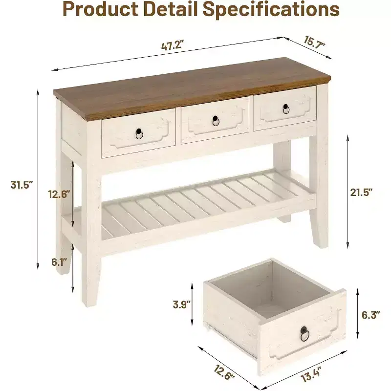 47 Farmhouse Console Table with 3 Drawers & Shelf, Rustic Narrow Entryway & Hallway Sofa Table (white + Brown
