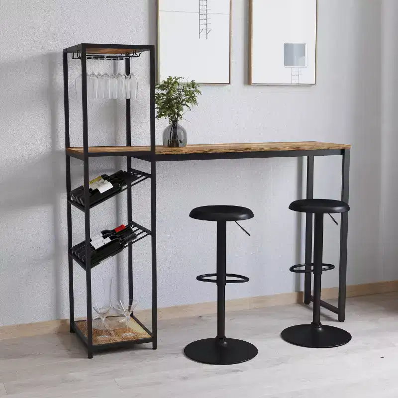 Merrick Lane Metal Bar and Wine Table with Bottle Storage and Hanging Stemware Holders