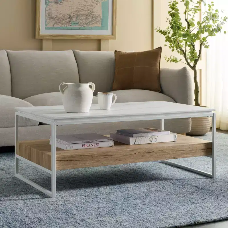 Aurelian Coffee Table - COF7016A - White Marble/Natural - Safavieh