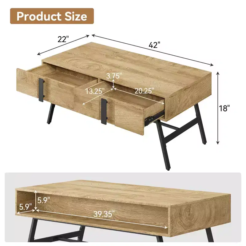 GustoWave Wood Center Table, Mid Century Modern Coffee Table with Drawer & Open Shelf for Living Room, Nature Wood
