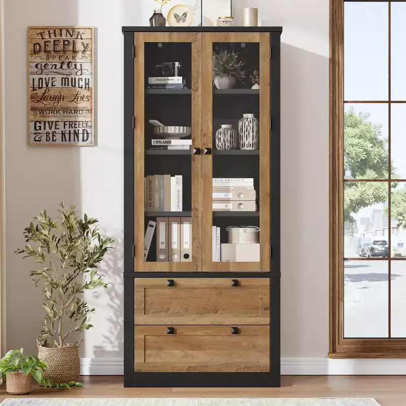 Kitchen Pantry Cabinet - Modern Display Storage Cabinet with 2 Large Drawers, Glass Doors, and Adjustable Shelves