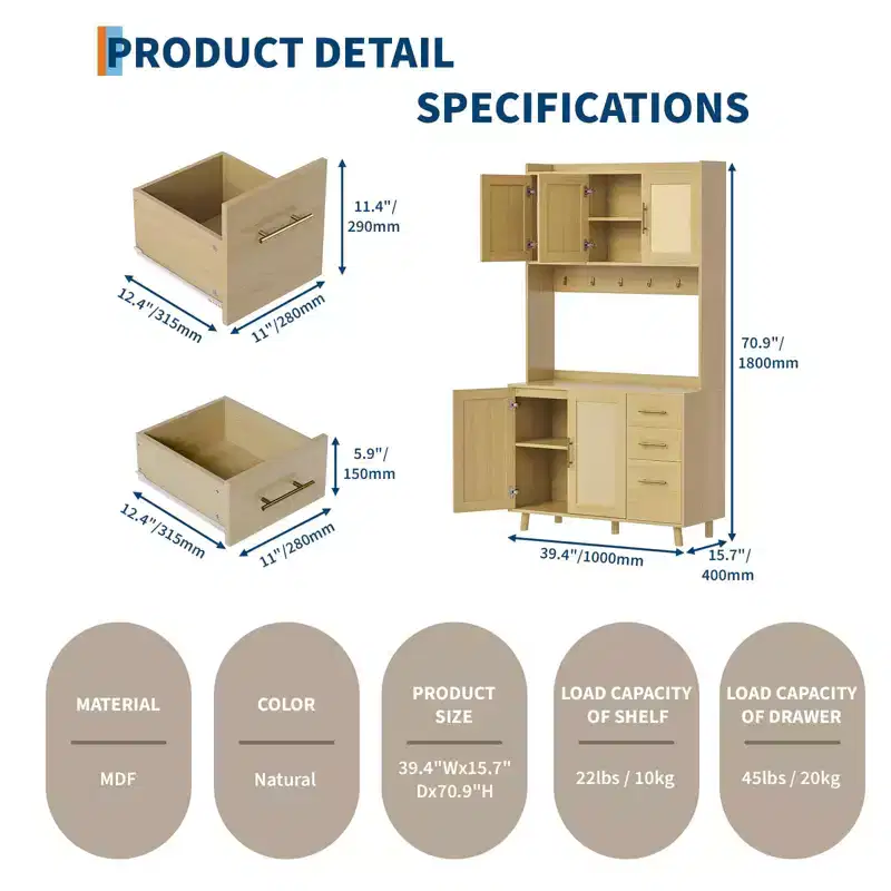 71 Rattan Kitchen Pantry Storage Cabinet, Buffet Cabinet with Microwave Stand, Adjustable Shelves and 6 Hooks Natural