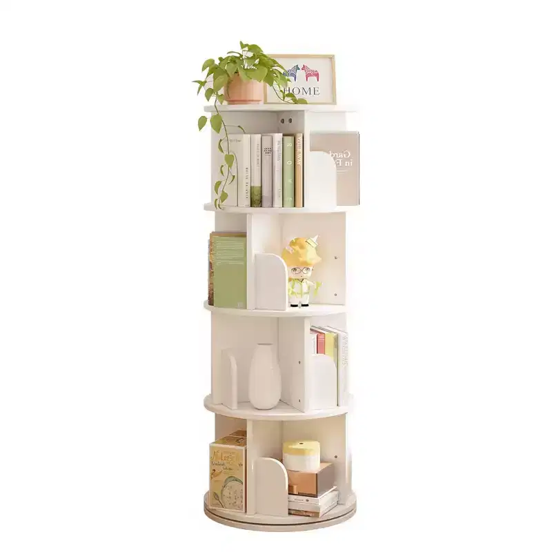 360 Rotating Bookcase, 4-Tier Spinning Corner Book Shelf, Display Organizer for Small Space, Storage Rack for Office, Living Room, White