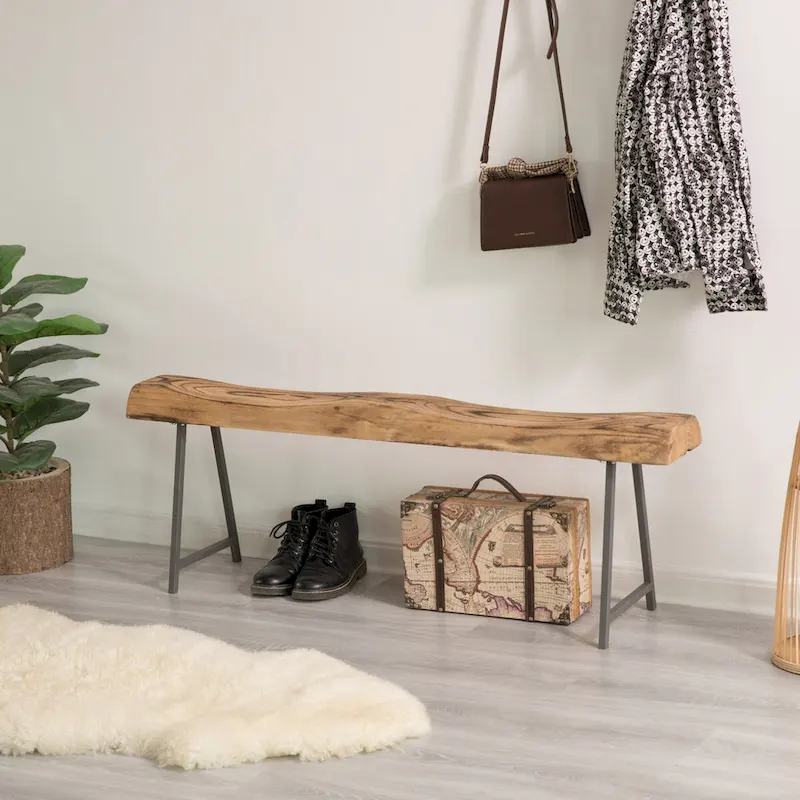 Rustic Carved Wood Natural Log Accent Bench