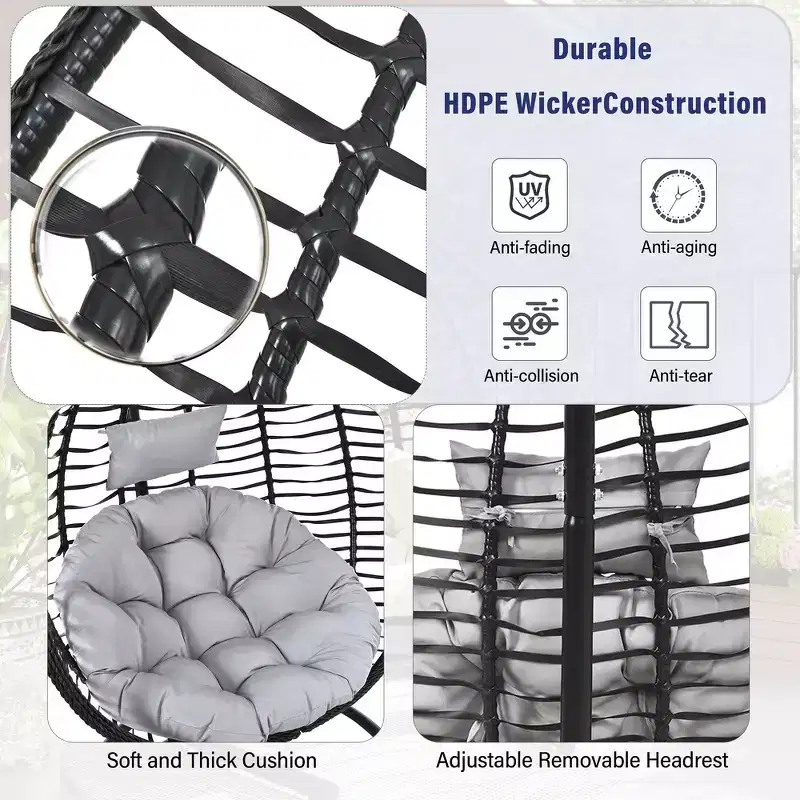 Whisen Hanging Hammock Chair with Stand, Egg Swing Chair with Iron Frame and Cushion & Headrest