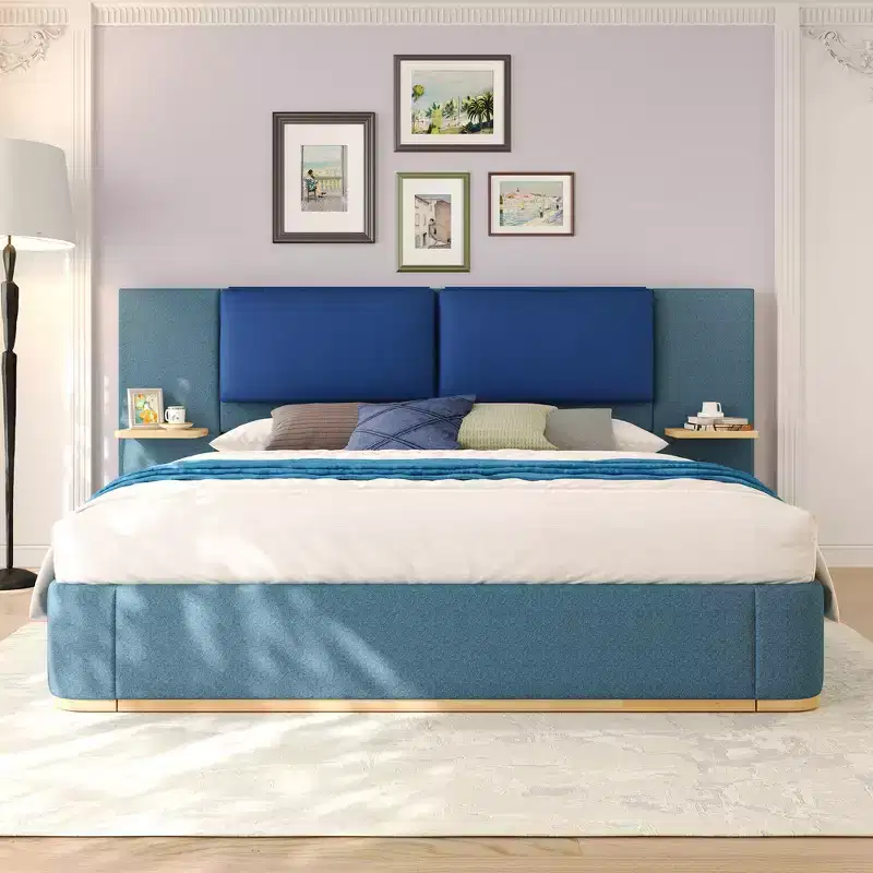 Whisen King Size Upholstered Platform Bed Frame with Side Storage Shelves, with Soft PU Headboard and Panel, Anti-Collision, Easy Assembly
